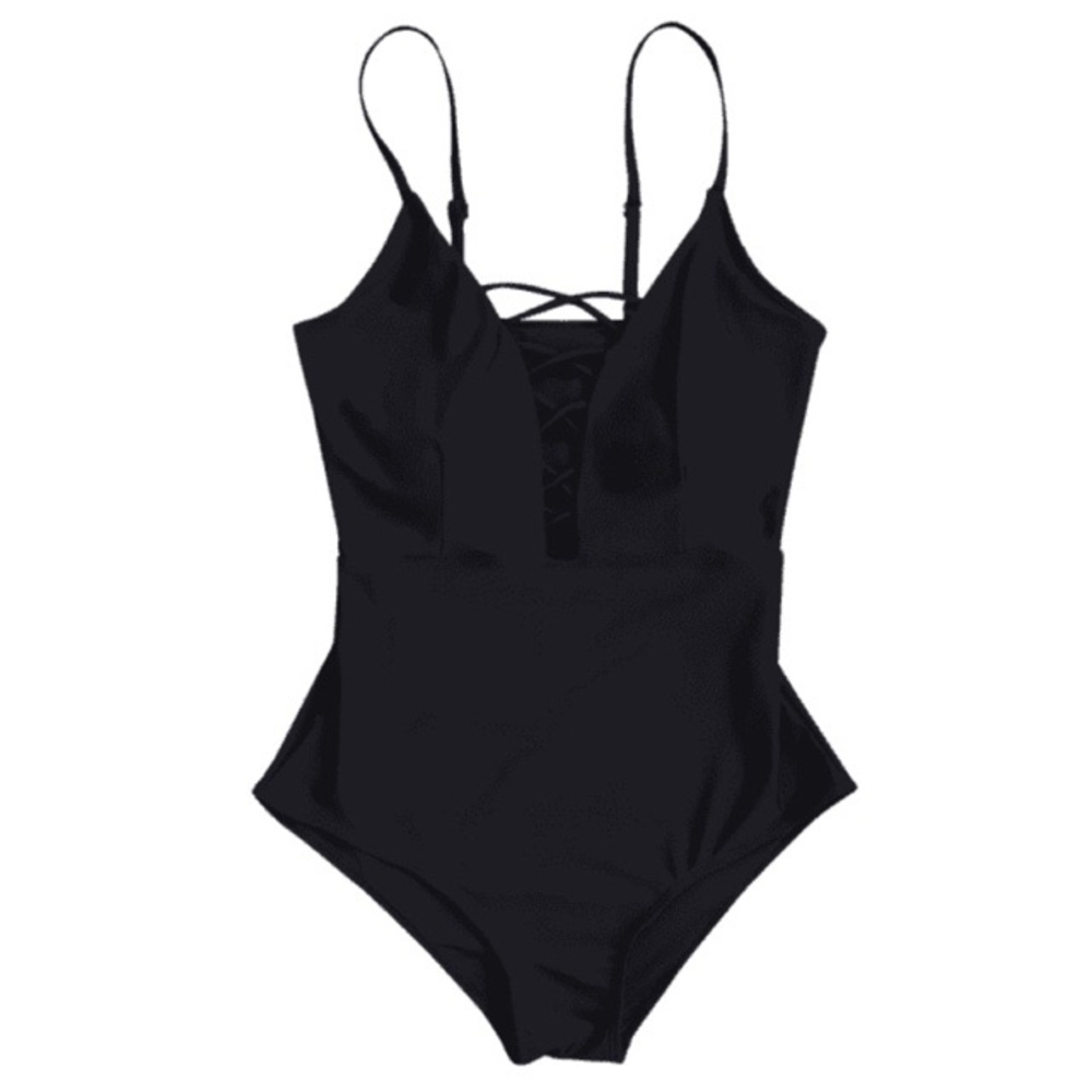 ZAFUL Black Crisscross Plunge Neck Swimsuit -Large